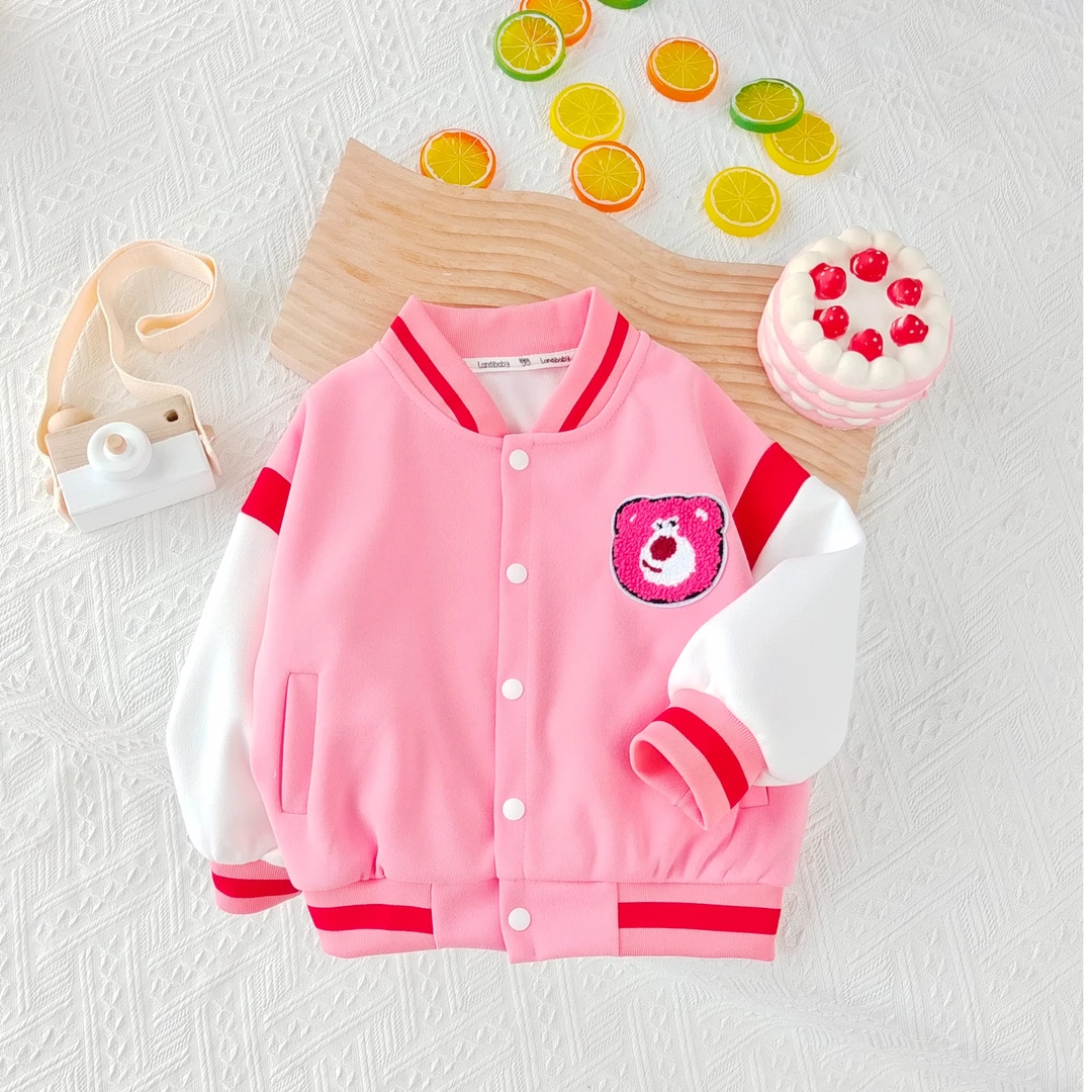 Landi.baby-051新款上新春秋女宝小童韩版草莓熊拼袖棒球服外套