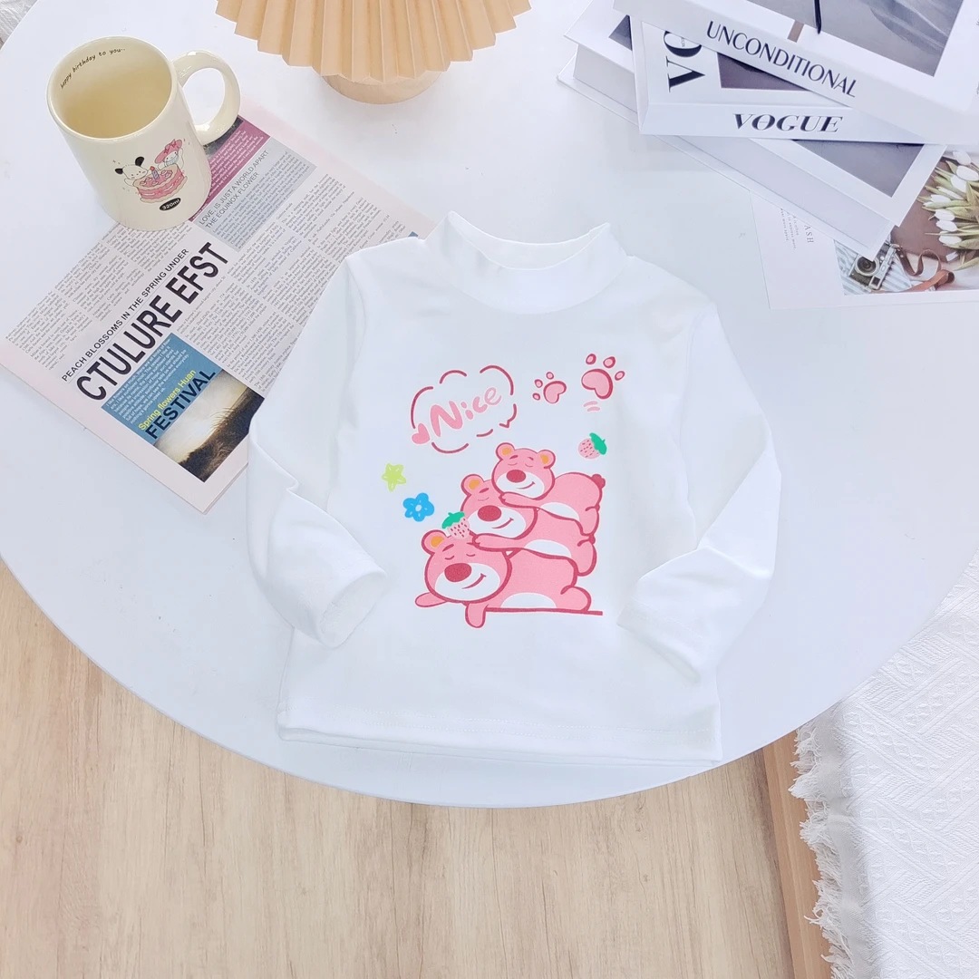 春上新女童长袖打底圆领印花德绒打底衫卡通草莓熊上衣打底衣E168