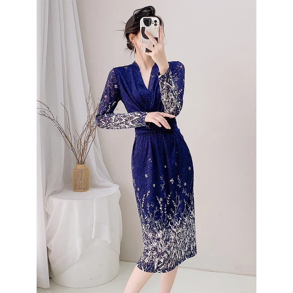 【换季福利】秋冬2024新裹身裙藏蓝色蕾丝碎花V领包臀裙