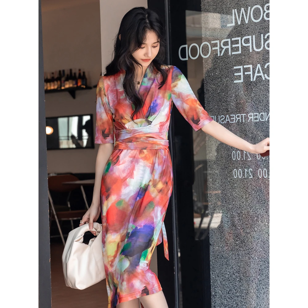紫霞仙子~2025夏新复古高级感渲染落日晚霞裹身裙弹力网纱连衣裙