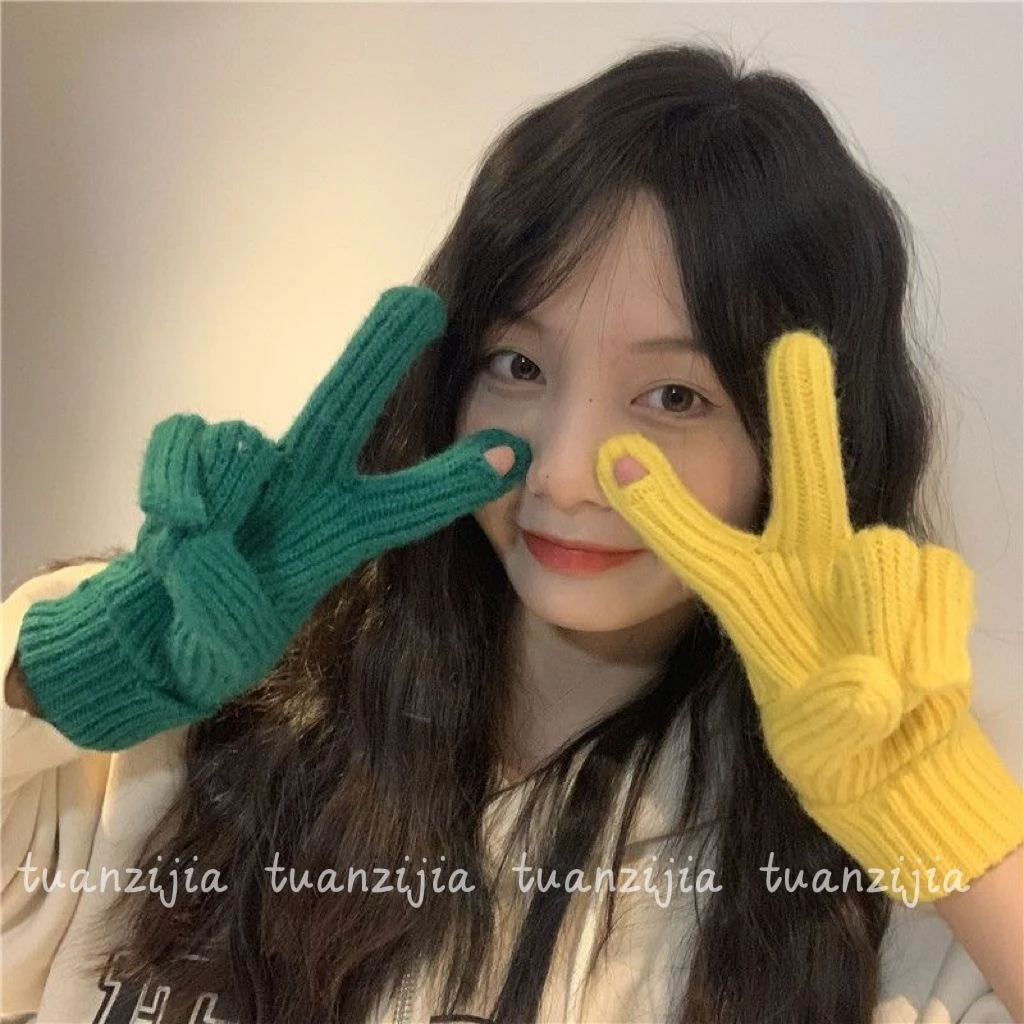 手套女冬季毛线可爱针织韩版手套分指露指触屏防寒原宿风时尚手套