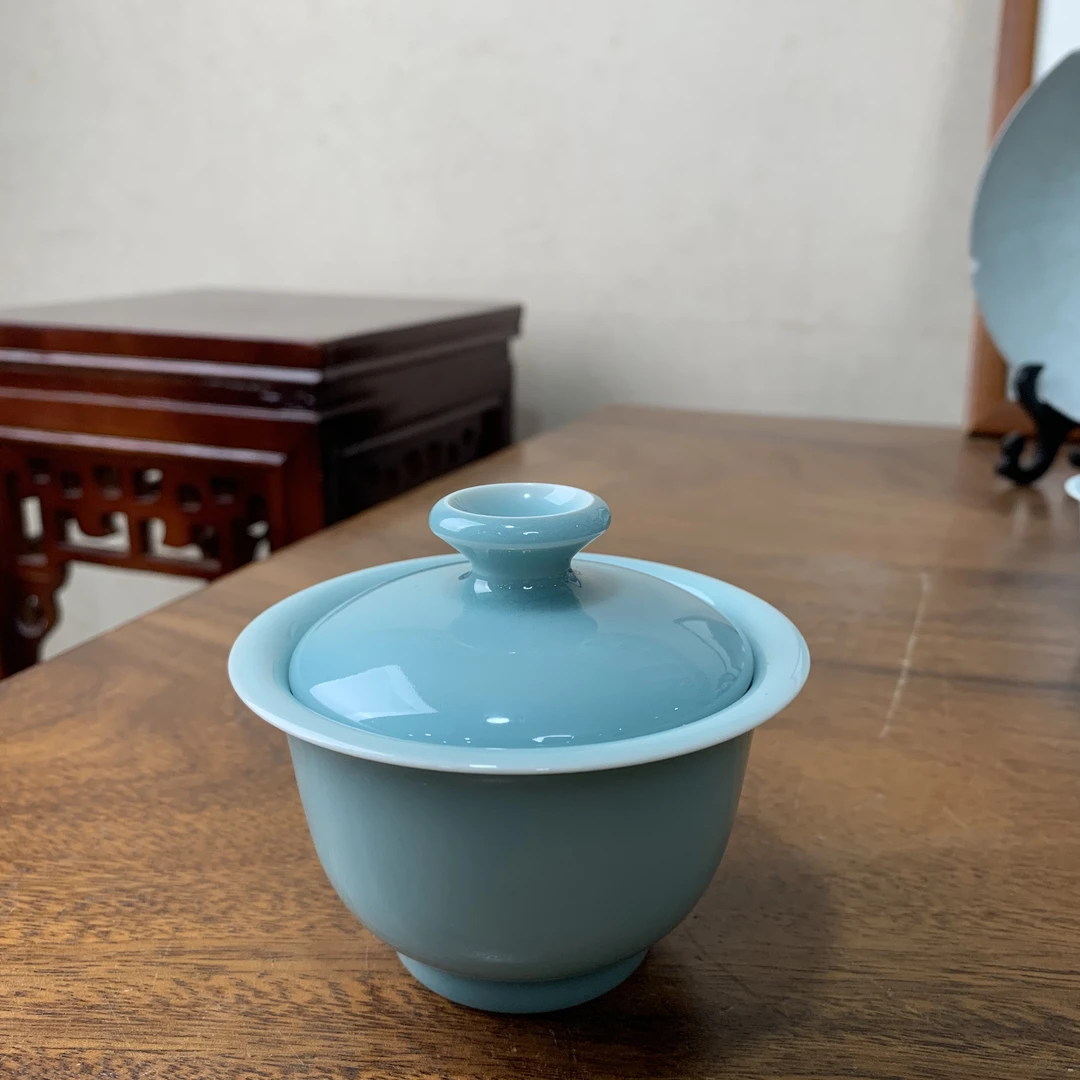 洪振华天青薄胎厚釉手工2才盖碗陶瓷茶具
