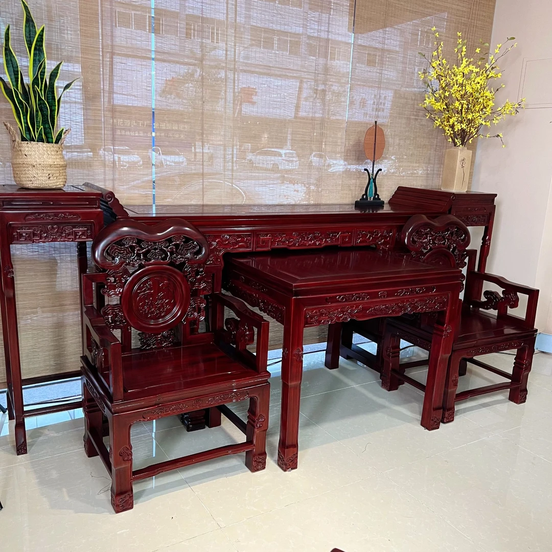 南美酸枝木中堂六件套客厅雕花条案新中式家用木作古典两用别墅