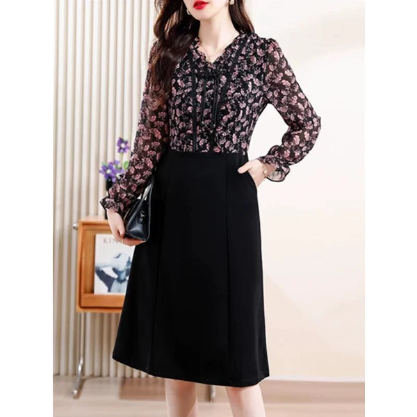 165#早秋复古小碎花花边领气质百搭收腰显瘦大码假两件女装连衣裙