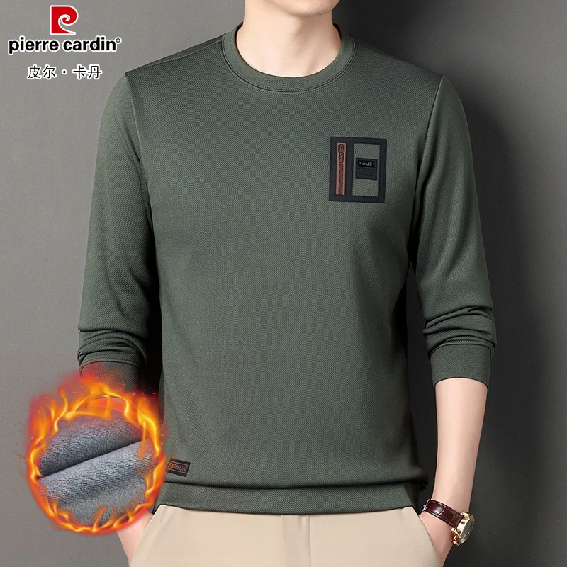 皮尔卡丹秋冬新款男士圆领卫衣加绒加厚秋冬高档休闲百搭上衣