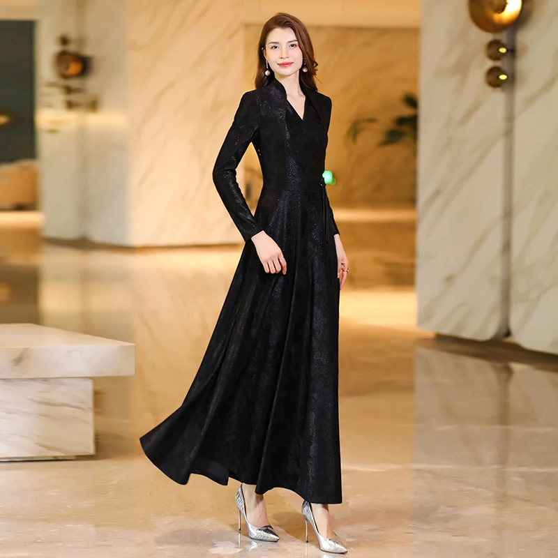 连衣裙黑色高级感春季新款超显瘦气质高贵优雅时尚大摆超长裙1822