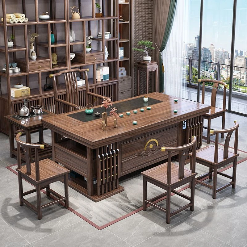 中式实木茶台公司家用厚德载物储物茶桌原木石盘茶桌套装