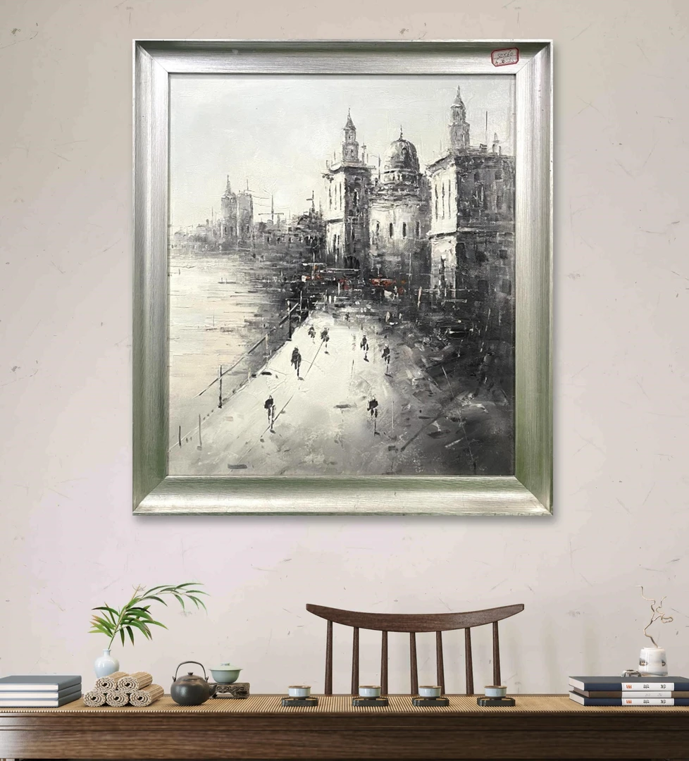 乌石浦油画村 油画客厅挂画 黑白 灰色系街景 尺寸50*60