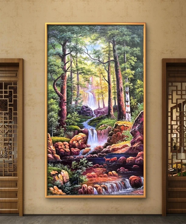 现货手绘油画树林景客厅挂画 办公室装饰画尺寸80*160竖版