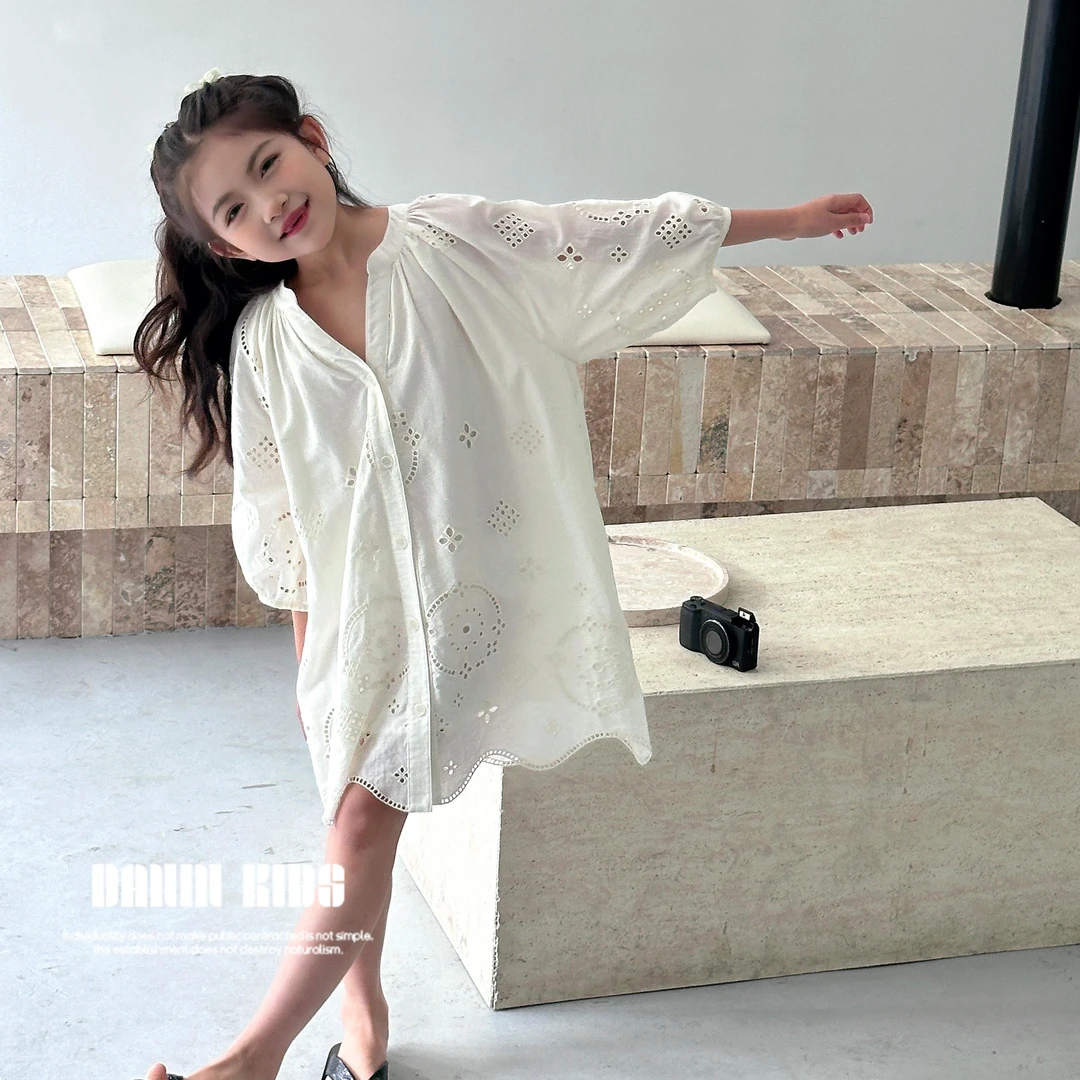 【嗒囜】女童气质学院镂空钩花套头短袖衬衫裙儿童洋气连衣裙2421