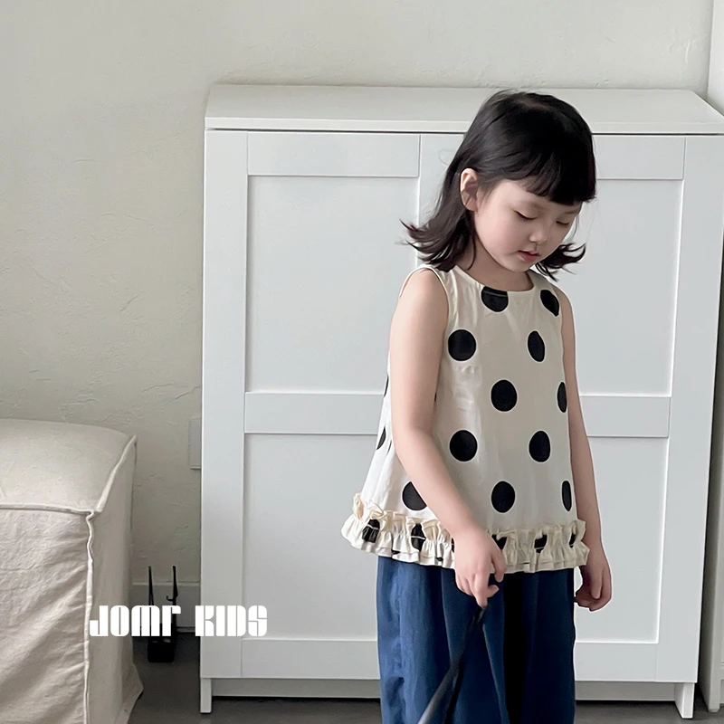 【嗒囜】女童夏季木耳边设计套头小衫儿童甜美无袖波点上衣JM824268