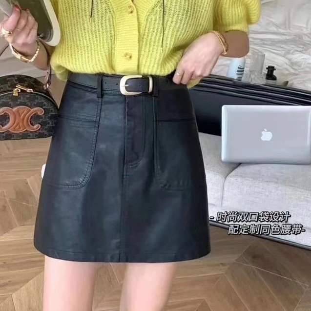 薇莎919【现货】皮带双口袋设计感a字包臀短裙pu小皮裙