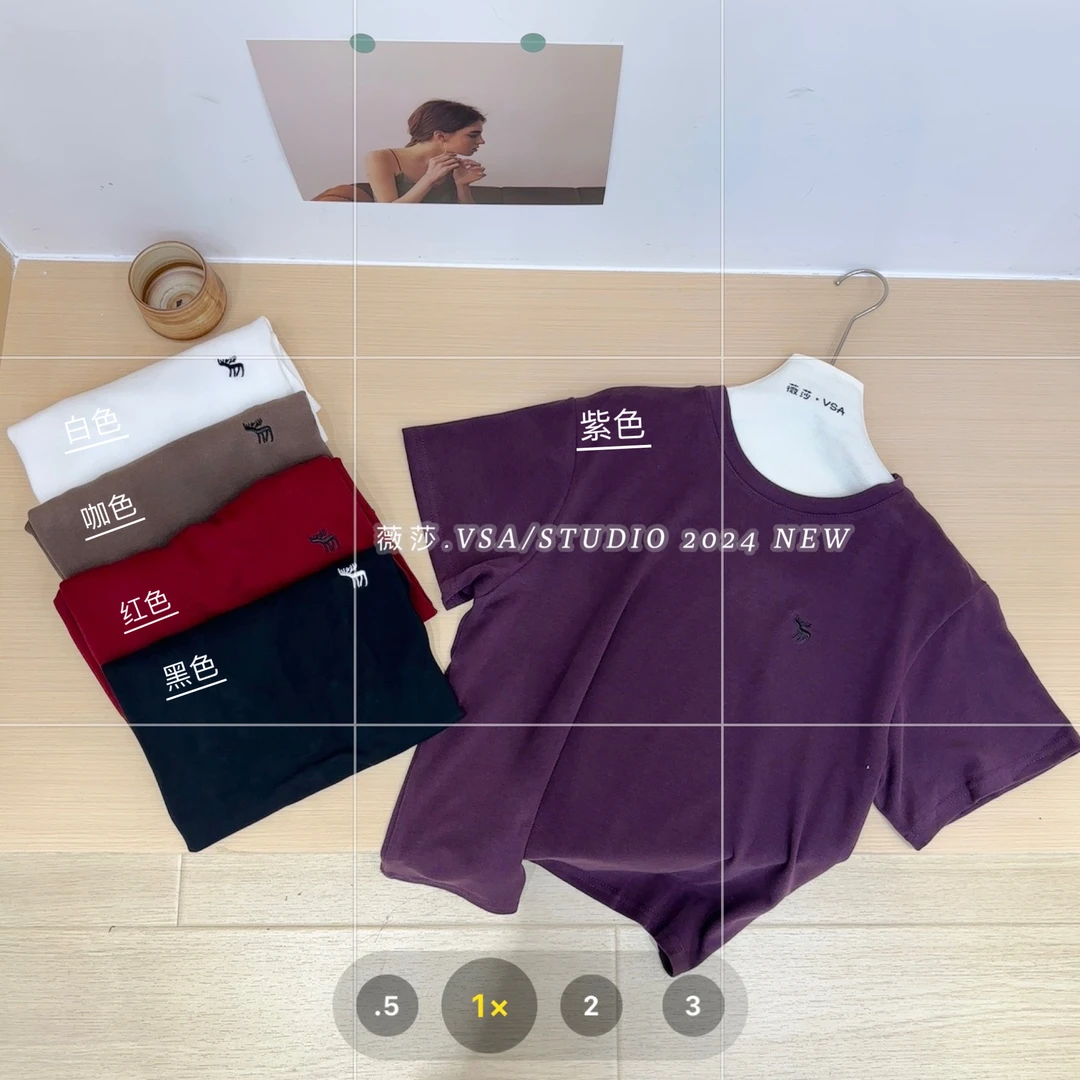 薇莎5005【小鹿刺绣】初秋磨毛圆领短袖T恤