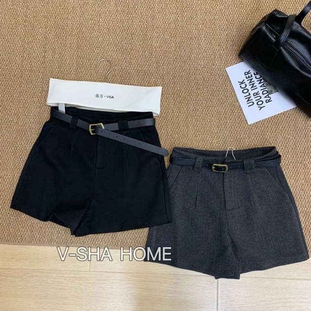 薇莎923【韩版纹理】A版显瘦时尚百搭呢料短裤配腰带