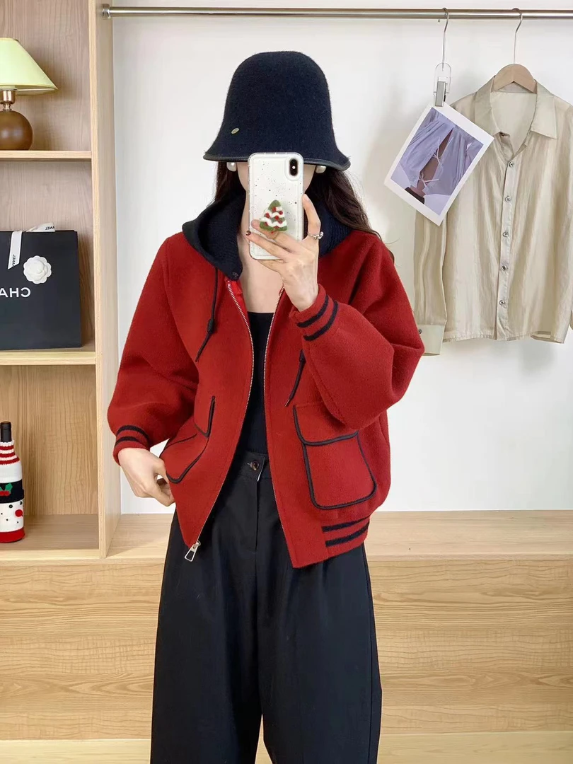 薇莎869双面珍珠呢休闲百搭可拆卸帽子毛呢外套