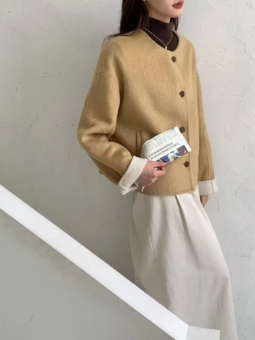 薇莎T23【 澳洲细羊毛】撞色翻袖圆领羊毛外套