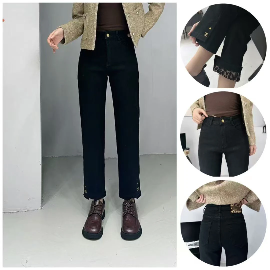 薇莎6159【现货】裤长93磨毛豹纹内里九分黑色烟管牛仔裤