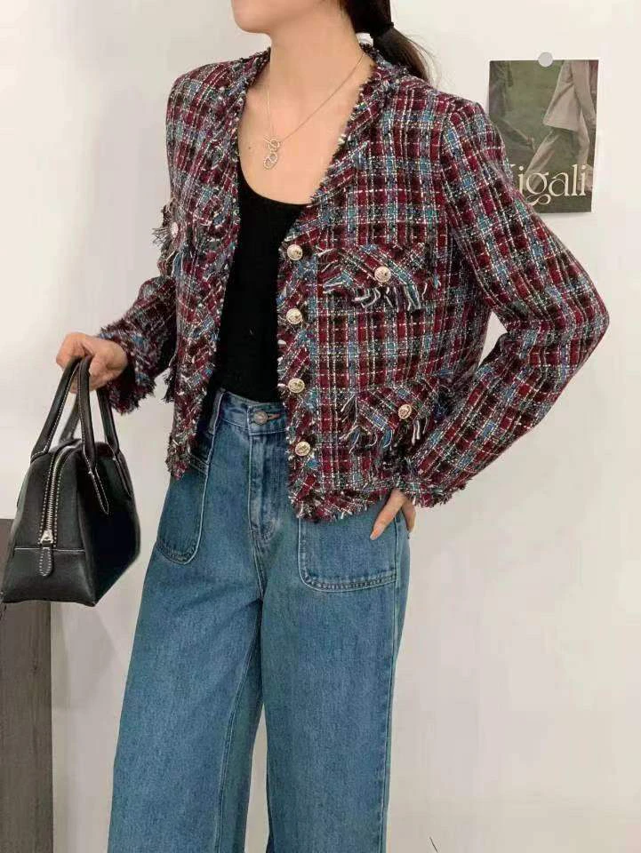 薇莎23307【现货浮力】 流苏毛边格纹小香风短外套女秋季新款上衣A