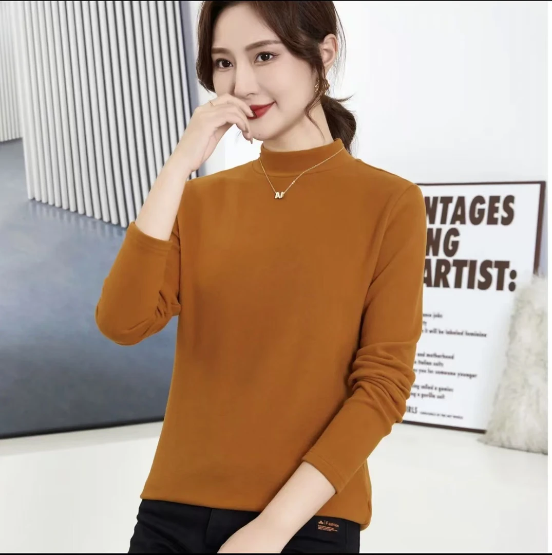 【秋冬新款】双面澳绒小立领保暖长袖时尚百搭洋气显瘦纯色女打底衫