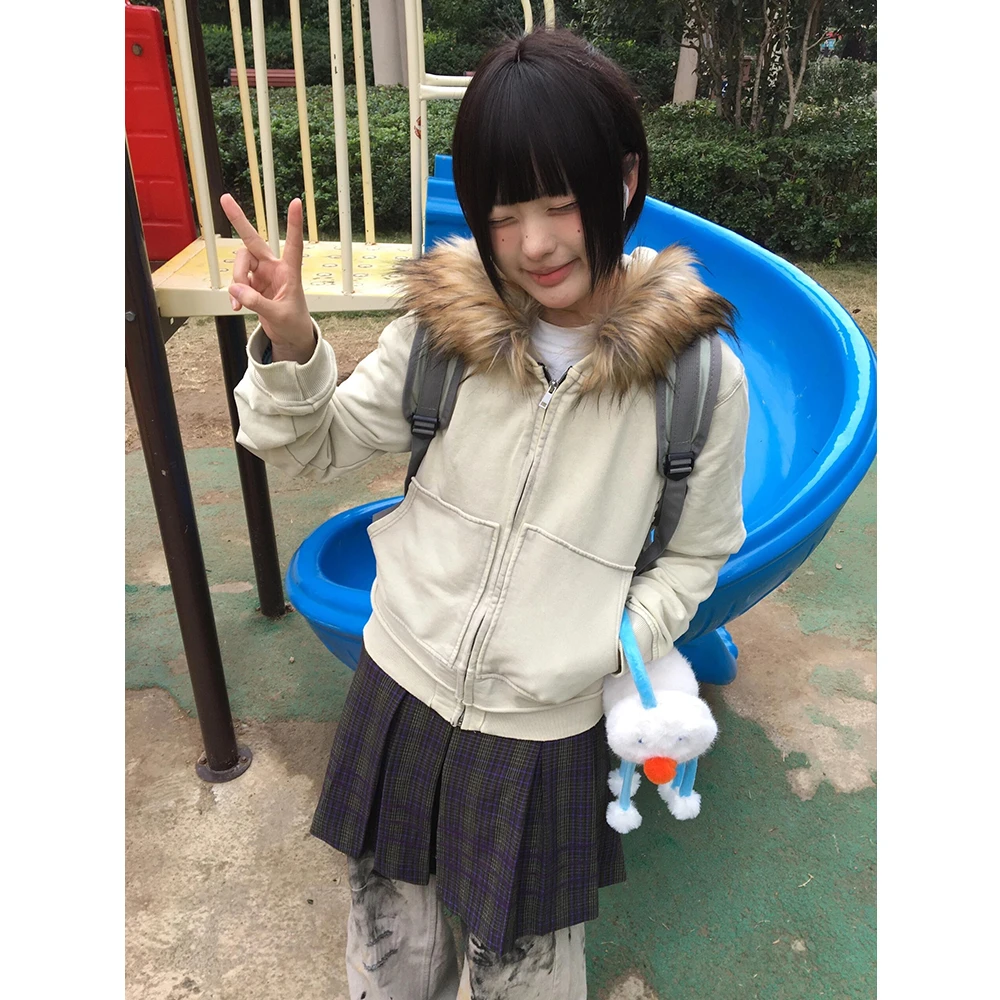 美式复古毛领连帽卫衣女秋季设计感做旧宽松休闲显瘦长袖外套上衣