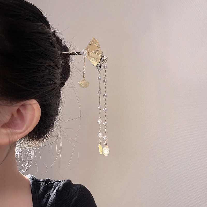 合金发饰  古风折扇发簪温柔发饰盘发簪子汉服配饰仙气九尾狐发簪