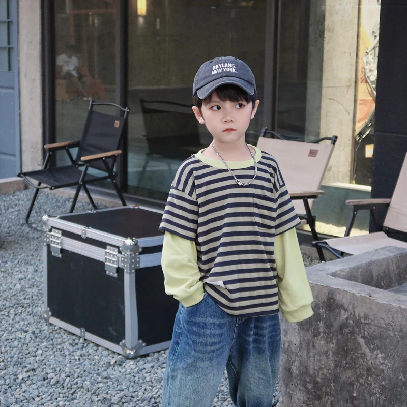 秋季童装儿童假两件卫衣条纹长袖男女宝宝休闲上衣中小童帅时尚潮