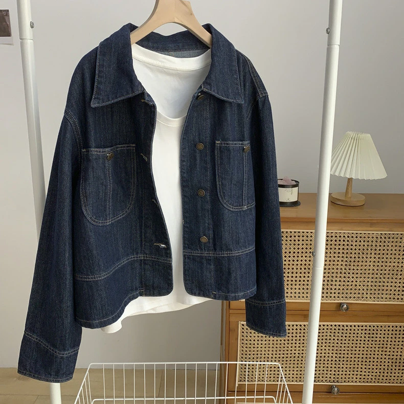 深蓝色复古风牛仔外套女23秋季新款宽松时髦休闲百搭短款上衣外套