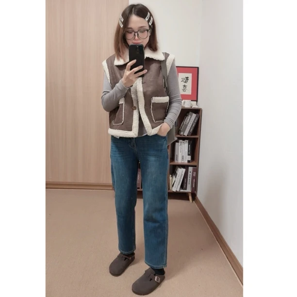 冬季加厚皮毛一体外套宽松休闲百搭无袖马甲