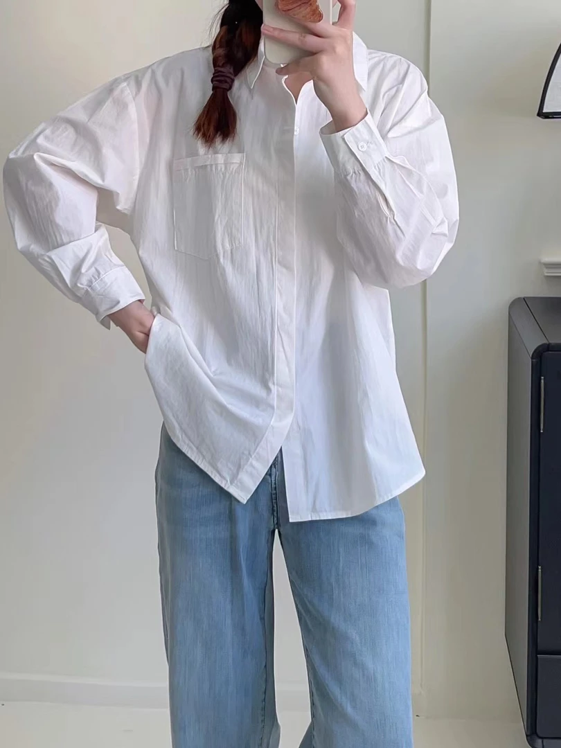 纯色百搭休闲时尚棉长袖衬衫衬衣（胸围100 衣长68）