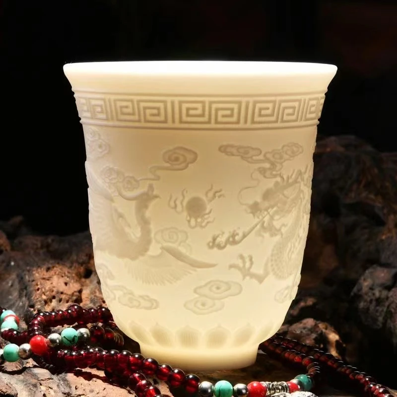高档浮雕羊脂玉瓷素烧龙凤杯主人杯龙凤杯茶杯大容量茶杯
