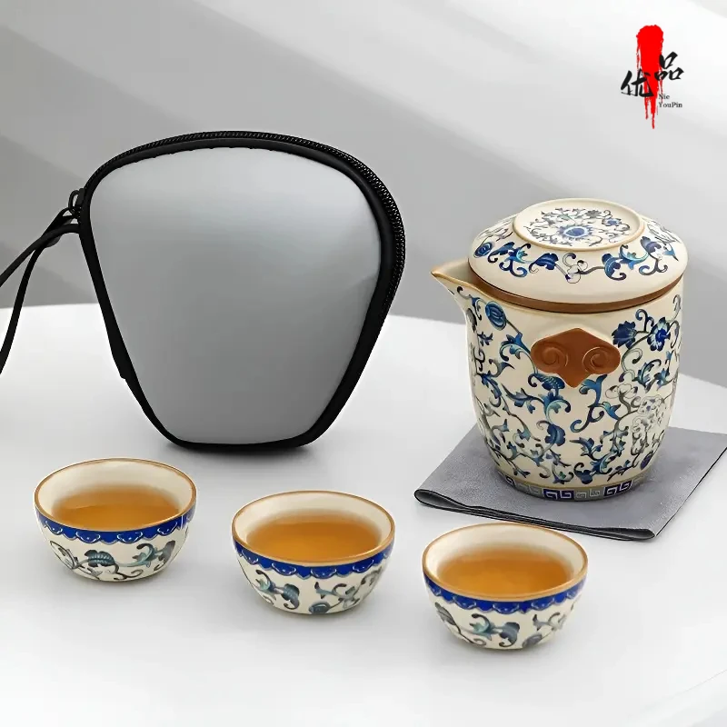 A014青花汝窑便携式旅行茶具个人专用快客杯一人饮户外露营包喝茶