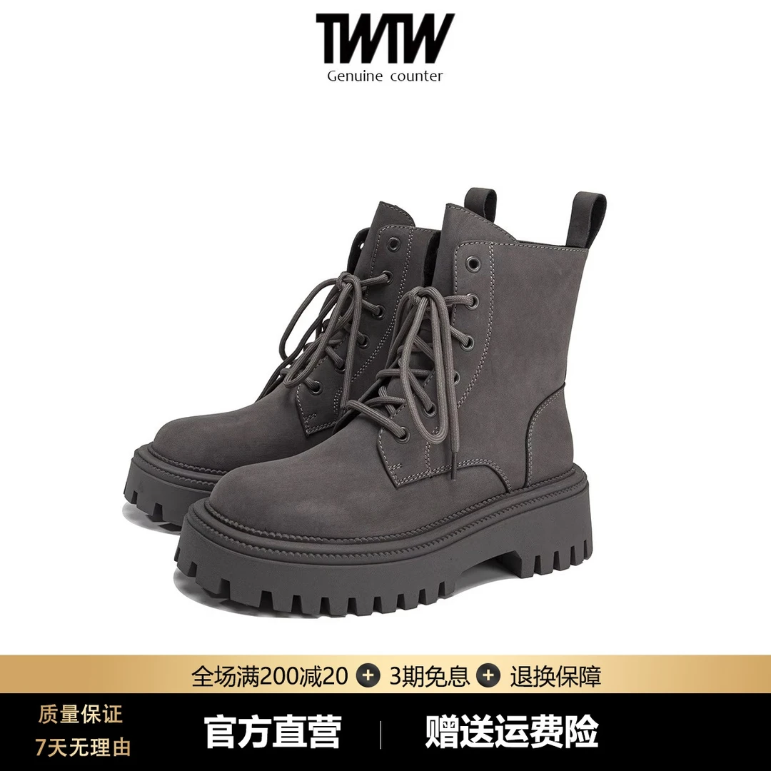 女鞋圆头短靴女2024新款系带机车靴子灰色百搭时尚气质马丁靴