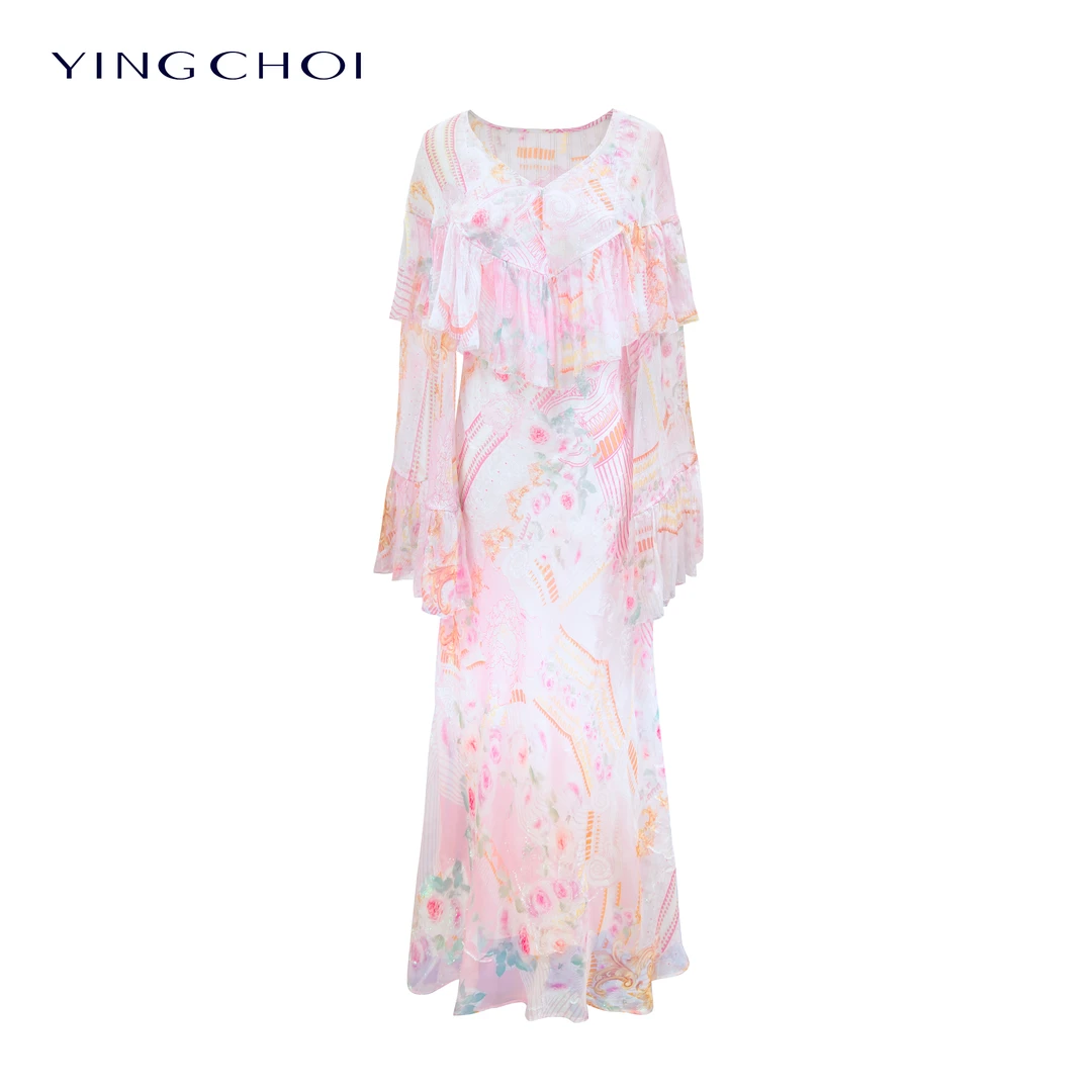 【设计师品牌】YINGCHOI 粉色桑蚕丝印花上衣连衣裙 61505/32186