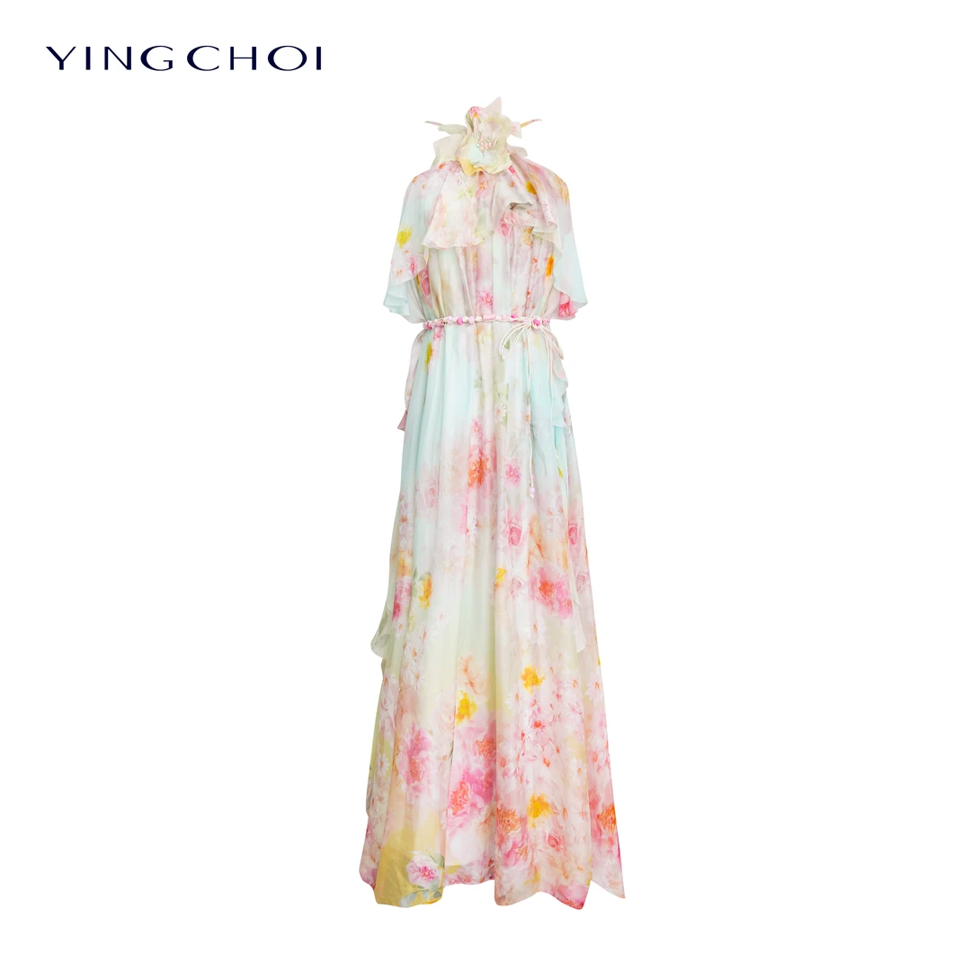 【诗中夏夜】GCHOI 粉绿渐变桑蚕丝印花吊带连衣裙 31980