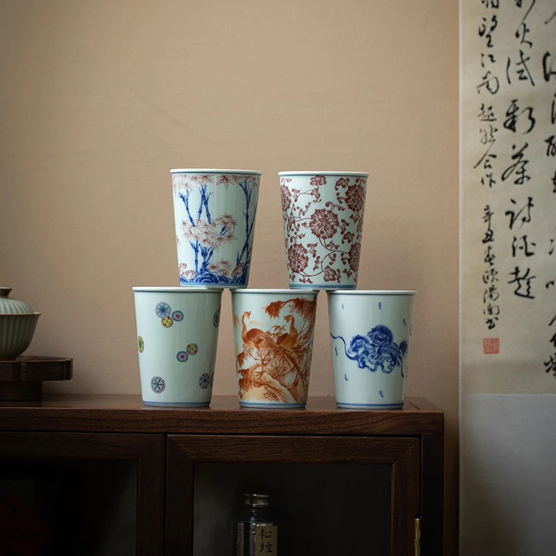 陶瓷龙凤呈祥可乐杯客厅家用青花单个茶杯大容量啤酒杯手握水杯子