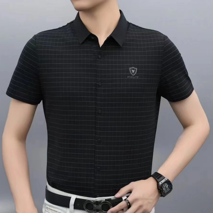 冰丝无痕（格子短袖衬衫)男士休闲夏季透气半袖商务高弹百搭