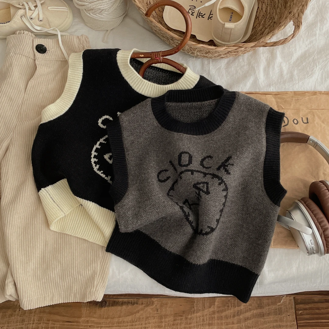 2025男女童时钟提花卡通撞色套头毛衣马甲秋冬新款儿童针织马甲