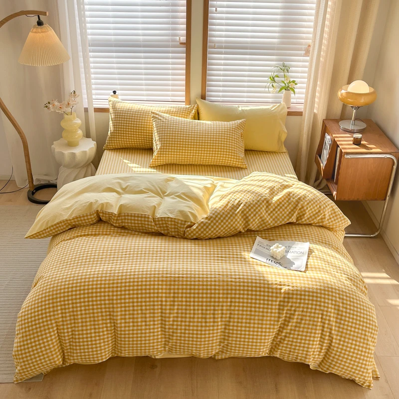全棉A类水洗棉多规格四件套-四件套格子学生宿舍简约单人小清新