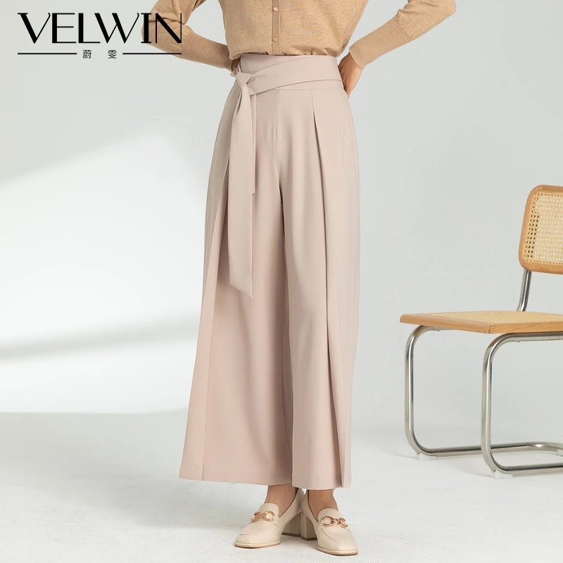 velwin蔚雯夏季新款气质优雅系带经典阔腿休闲裤女LEKK435F08