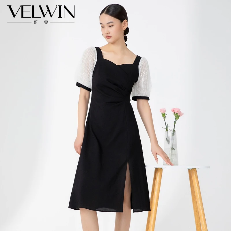 velwin蔚雯2023年夏季新款优雅气质网纱泡泡袖连衣裙女MELL354A15