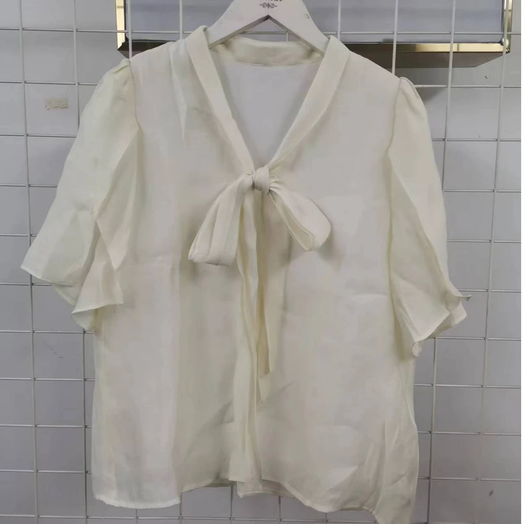 velwin蔚雯夏季新款米色舒适上衣轻薄透气蝴蝶结女款MESS335F10
