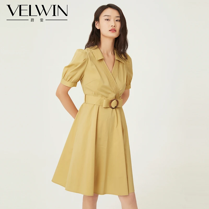 velwin蔚雯夏季新款V领浅黄色文艺泡泡袖连衣裙女KELL334A34