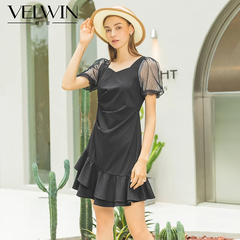 velwin蔚雯夏季新款气质荷叶边显瘦方领连衣裙女KELL353C14
