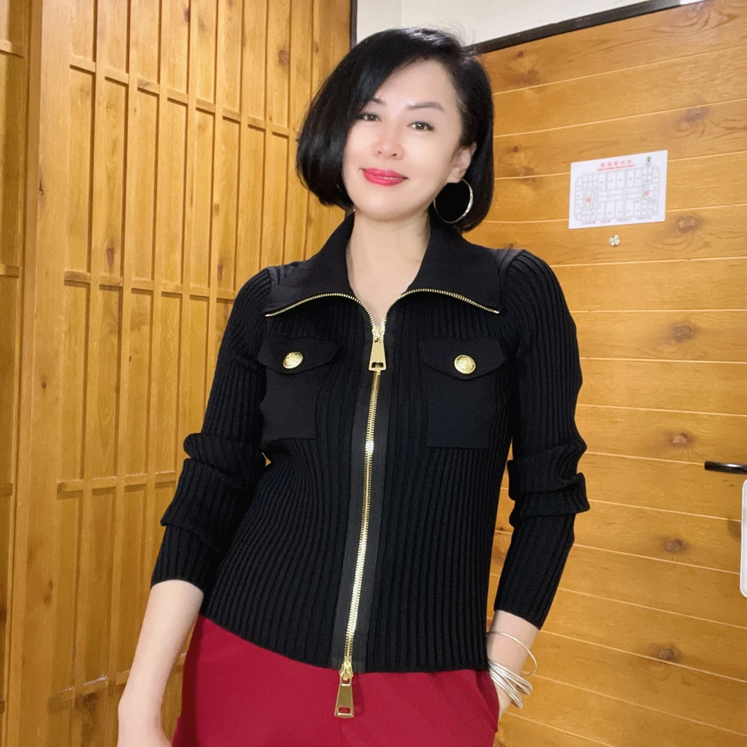 【秋季新品】知性风大扣拉链开衫
