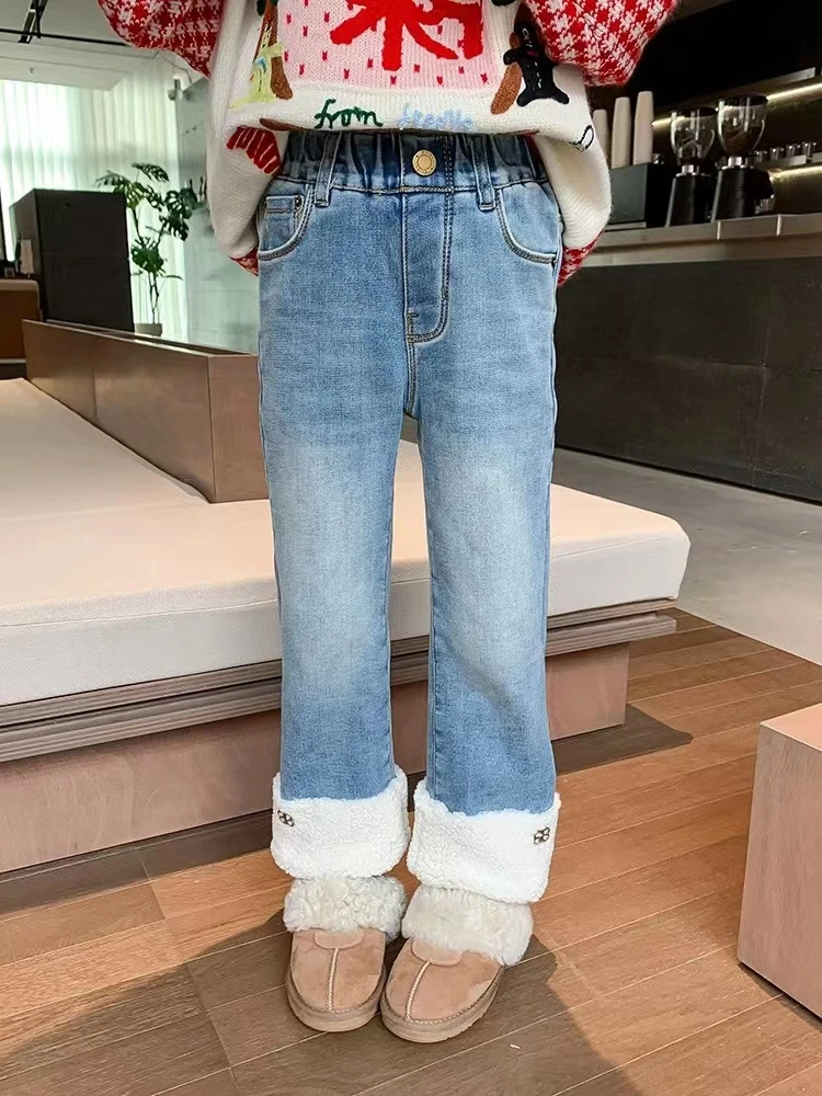 女童牛仔裤2023秋冬款加绒一体绒中大童儿童裤子高腰直筒宽松长裤