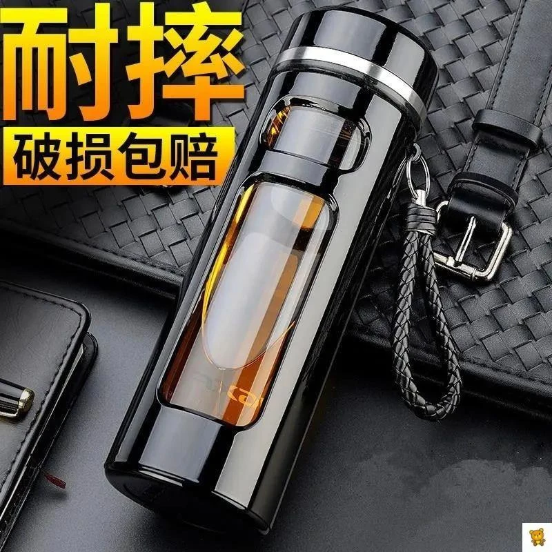 。防摔钢化玻璃杯水杯杯子车载便携双层办公不易碎过滤茶杯。