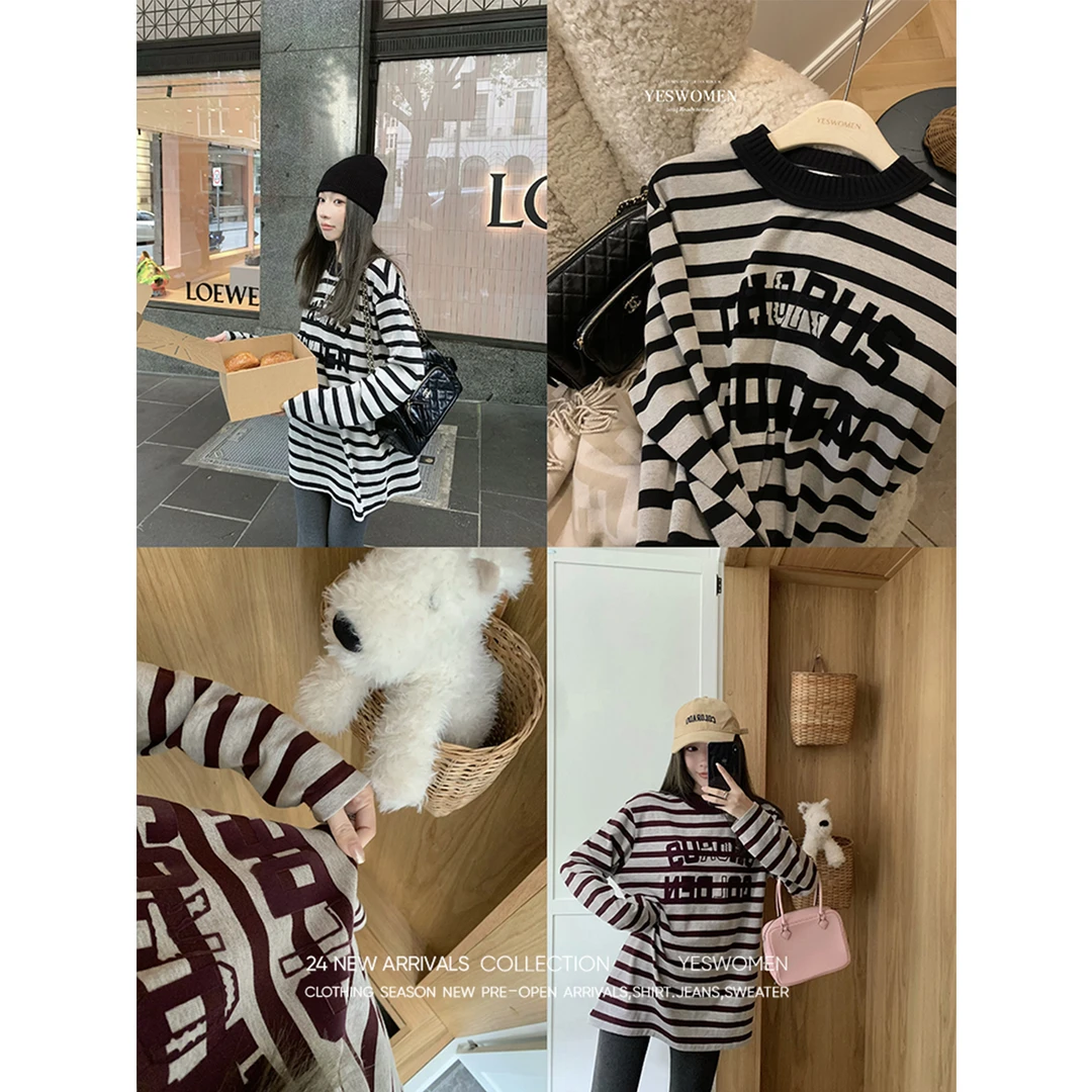 YESWOMEN松弛感条纹T恤·宽松廓形親肤撞色领印花XYF11410B3339