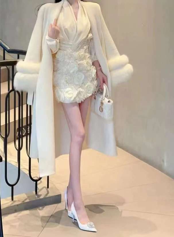 【ZHANGYI】【沉鱼落雁】轻奢气质皮毛一体长款外套袖口狐狸毛装饰