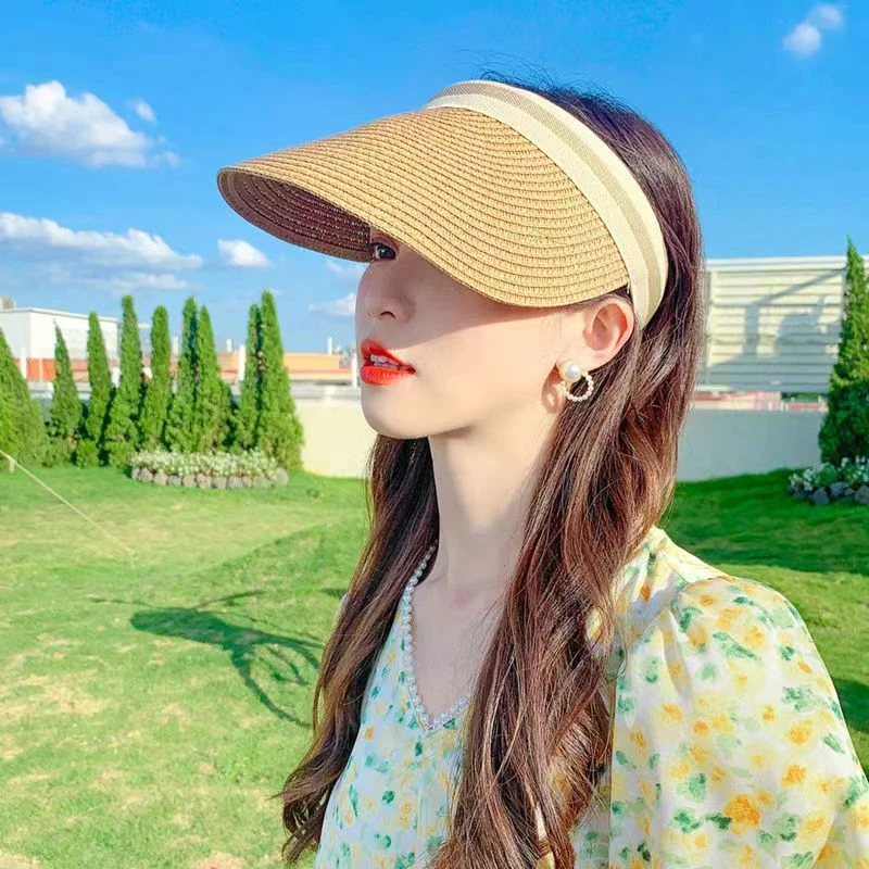 新款韩版百搭空顶草帽女夏季出游防晒遮阳帽无顶潮流帽子拉菲草帽