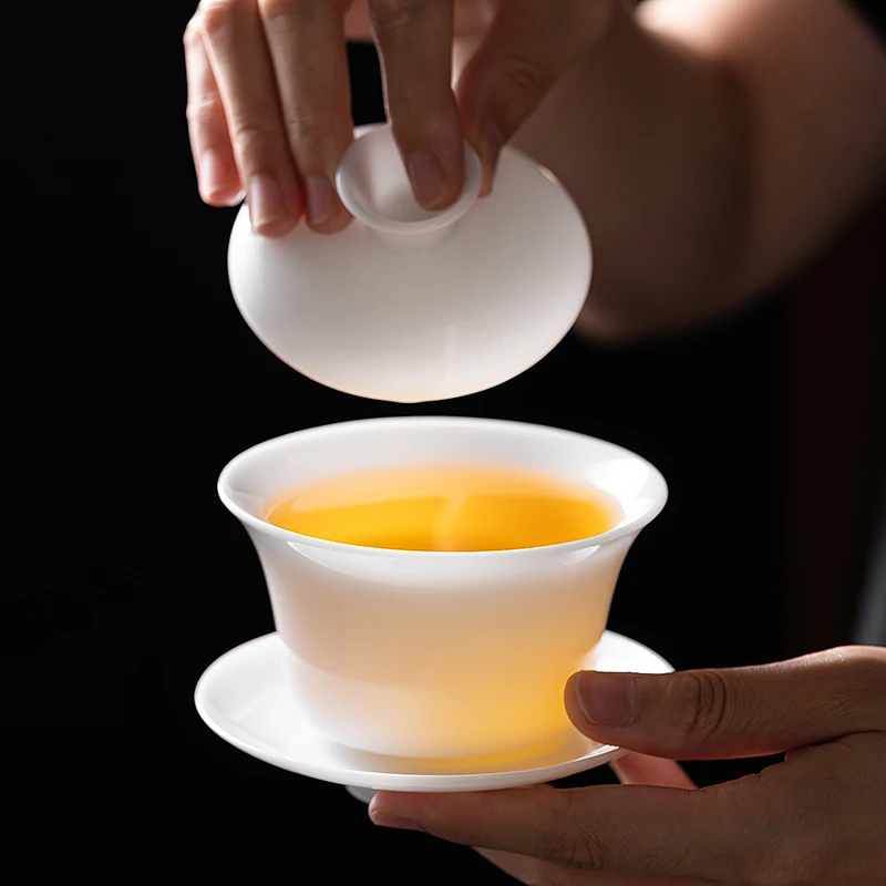 问谦堂高端冰种玉瓷盖碗单个功夫茶具泡茶三才盖碗带盖羊脂玉白瓷